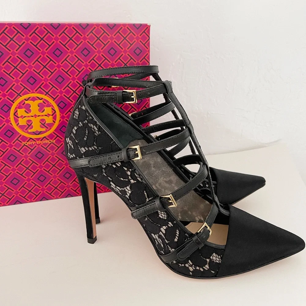 TORY BURCH Satin Lace Leather Black Pointy Toe Camellia shoes Heels pumps US 9.5 - Picture 1 of 9